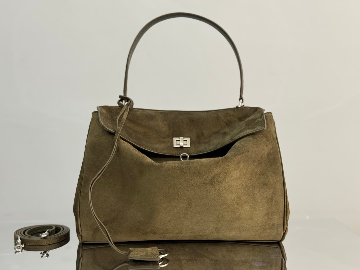 Balenciaga Rodeo Medium Bag in Khaki Waxed Suede Calfskin With Silver-Tone Metal TOP