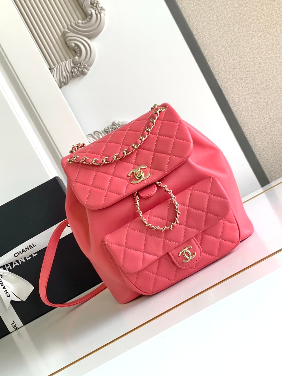 Chanel Medium Quilted Duma Backpack Lambskin AS3618 Rose Red A