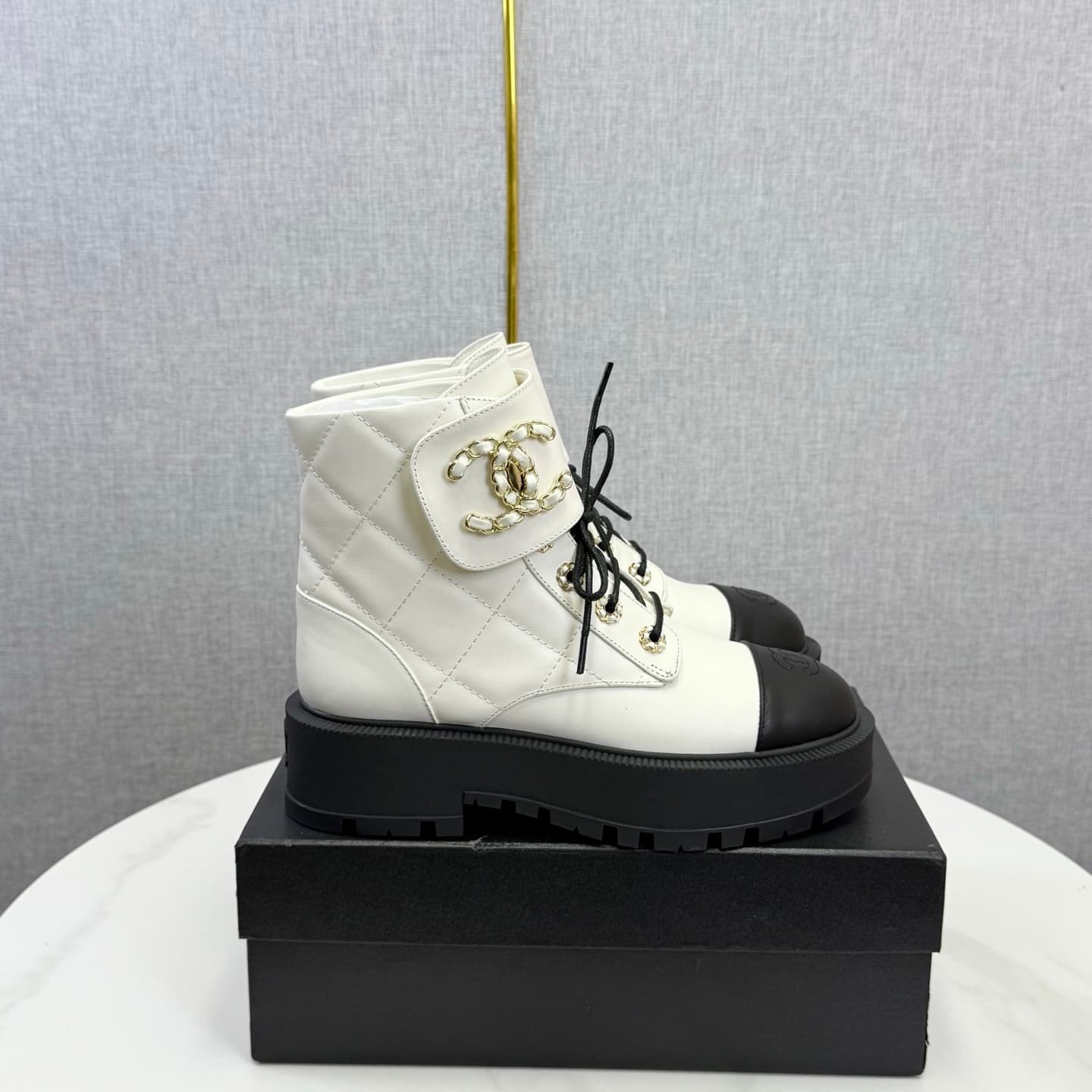 Chanel Shiny Calfskin Quilted Lace Up Combat Boots Shoes Women