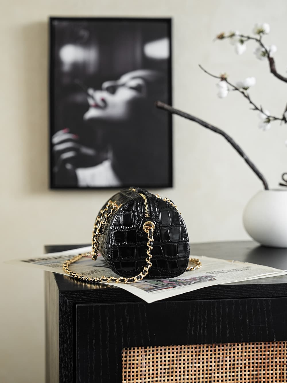 Chanel Mini Timeless Classic Barrel Bag crocodile-embossed calfskin& Gold-Tone Metal Black AP5390 A
