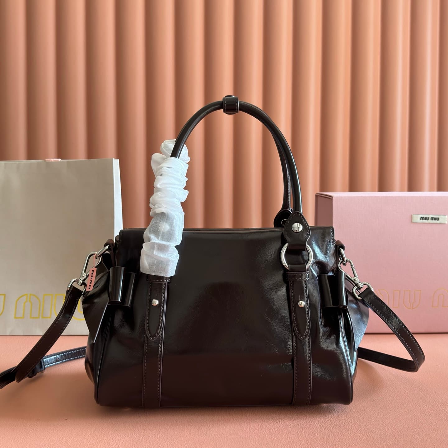 Miu Miu Shiny leather top-handle bag Briarwood Calfskin 5BA327 TOP