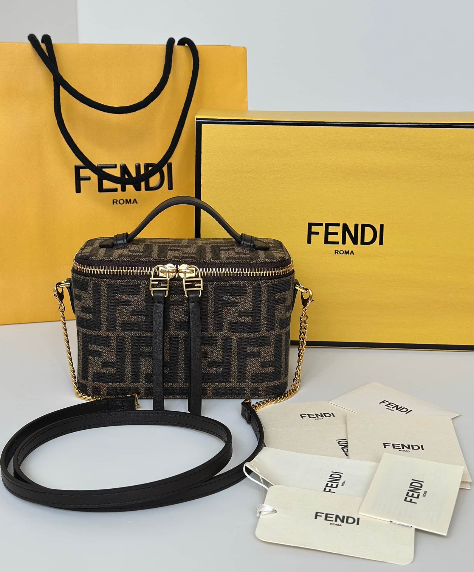 Fendi Vanity Tobacco Brown FF Jacquard Fabric Mini-bag Brown High