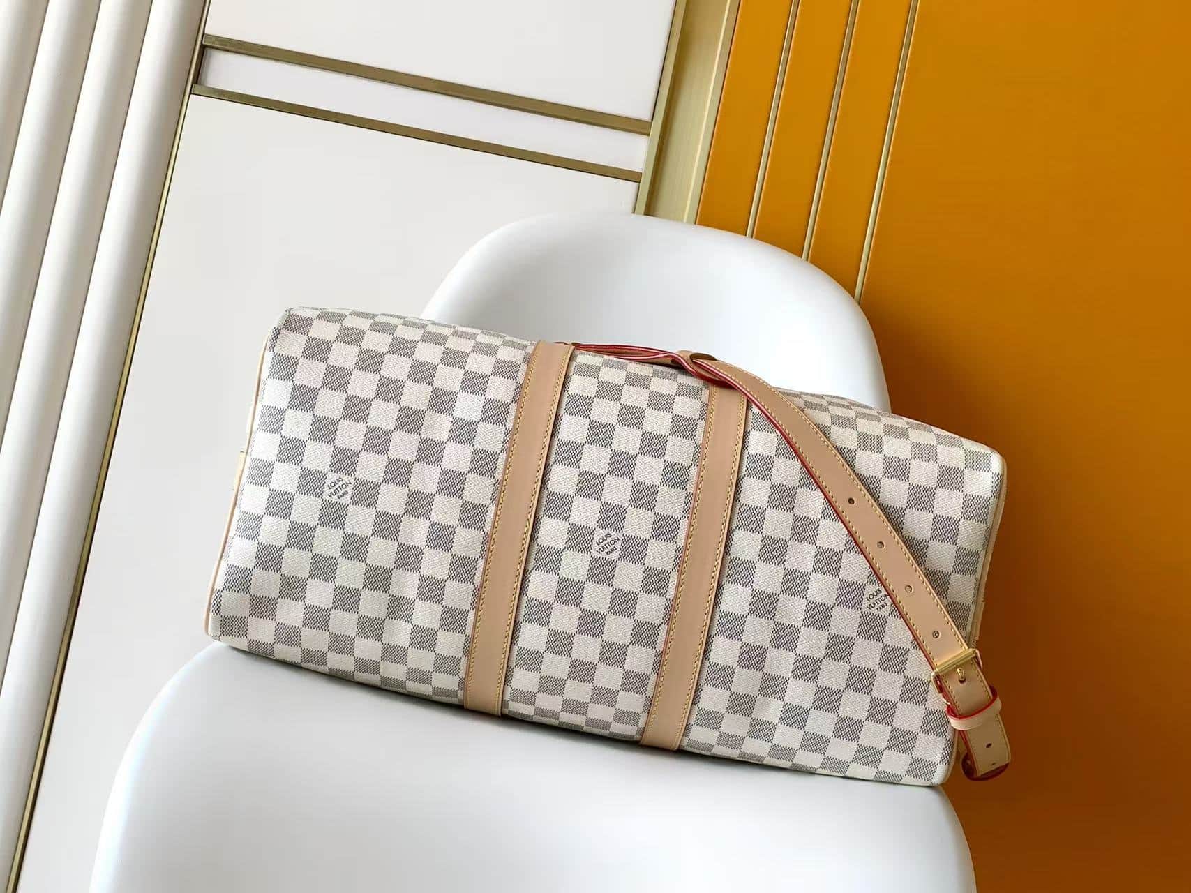 Louis Vuitton Keepall Bandoulière 45 Banana Yellow/Hazelnut Brown Damier Azur coated canvas N40909 High