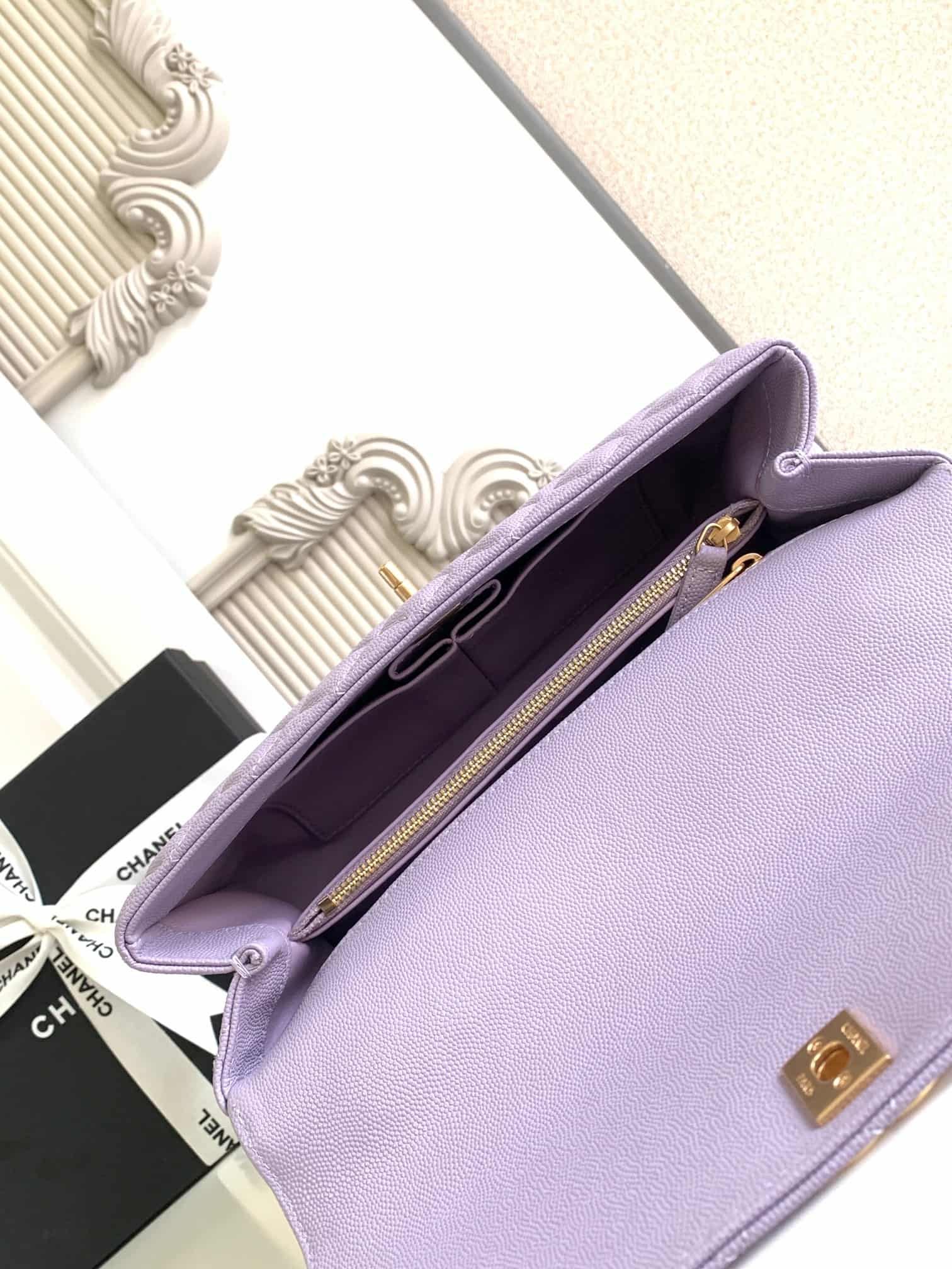 Medium FLAP BAG WITH TOP HANDLE Grained Calfskin A92991 Purple-binding Gold Metal A