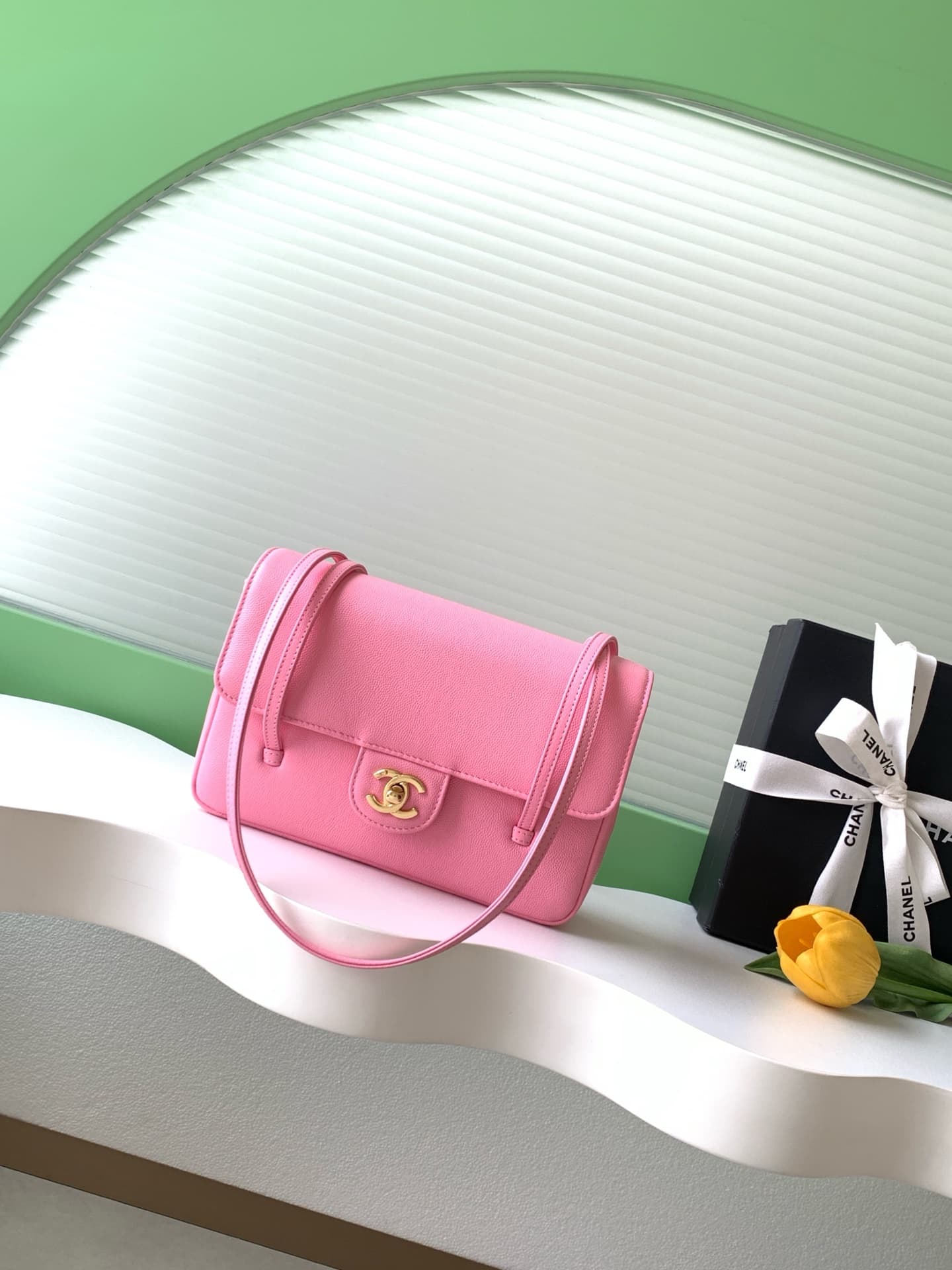 Chanel Small Flap Bag Grained Shiny Calfskin & Gold-Tone Metal AS6130 Pink High