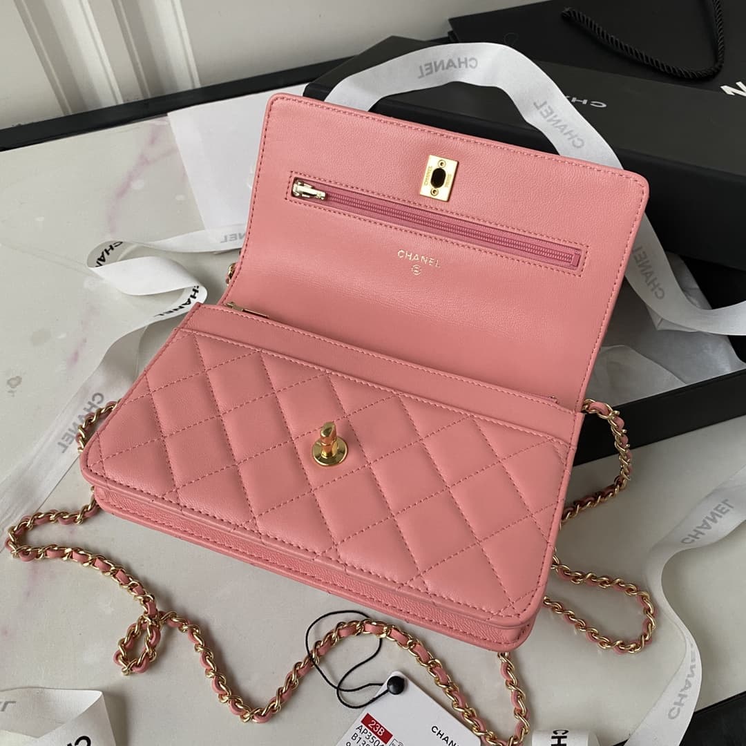 Chanel Wallet on Chain AP3504 Lambskin, Imitation Pearls, Strass & Gold-Tone Metal Pink A