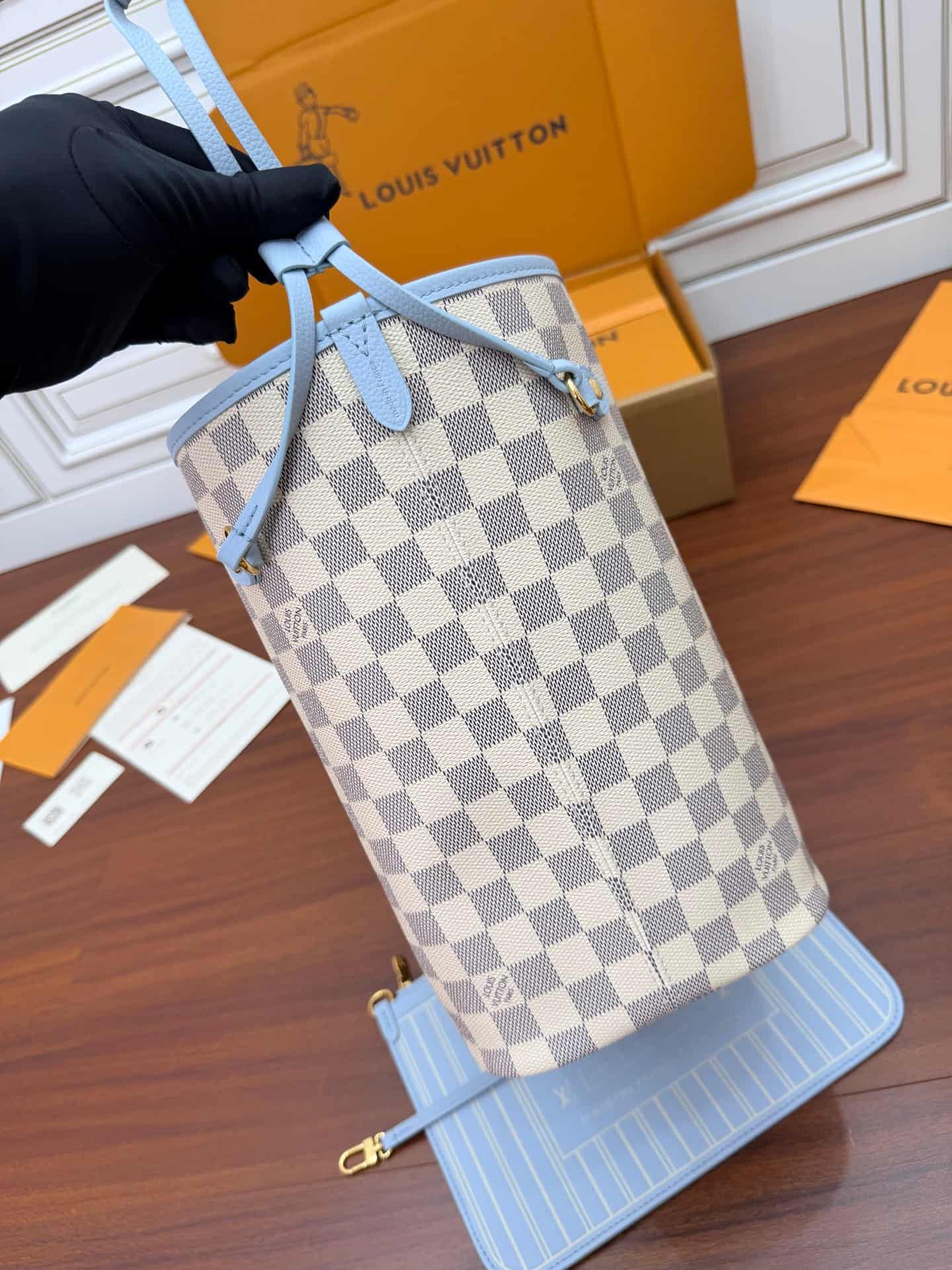 Louis Vuitton Neverfull Inside Out MM Damier Azur/Bleu Olympe Cowhide leather N40946 TOP