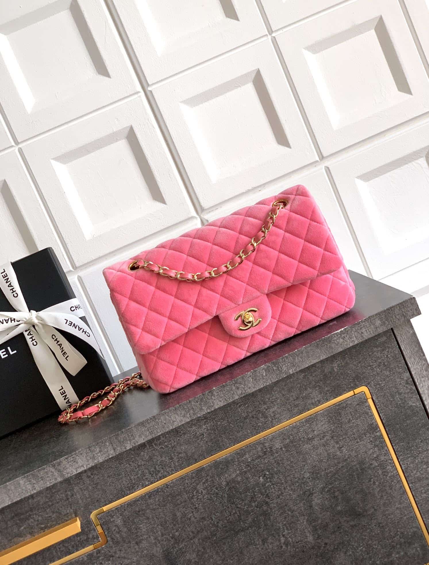 Chanel Medium CLASSIC HANDBAG Velvet  & Gold-Tone Metal Peach A