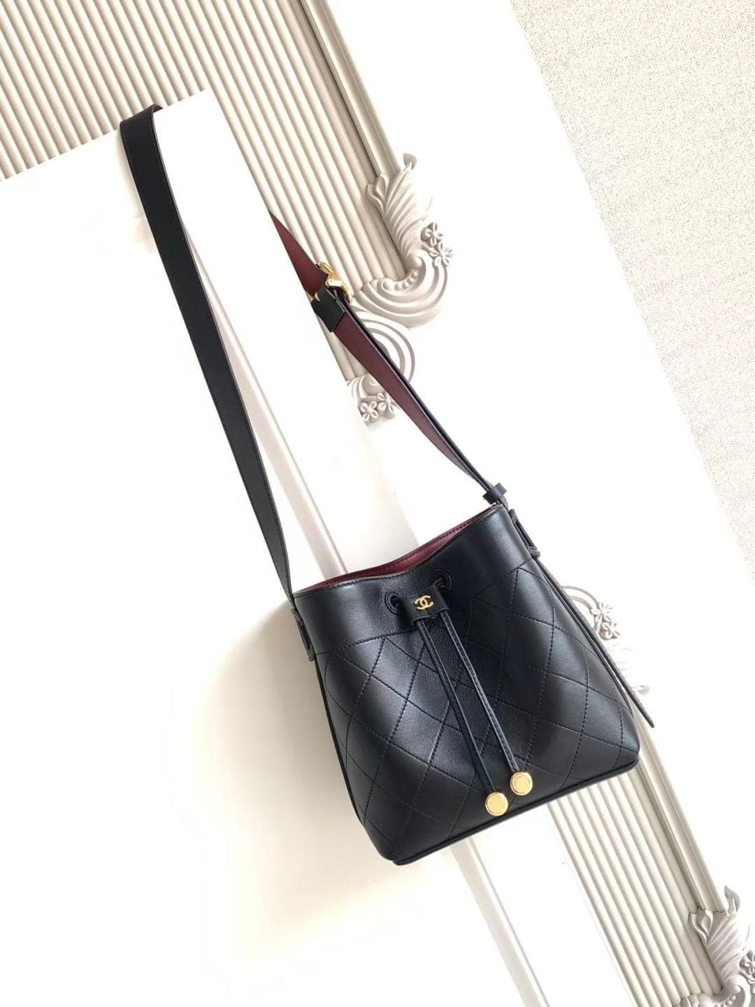 Chanel Small Bucket Bag Calfskin Leather & Gold-Tone Metal Black AS6537 A