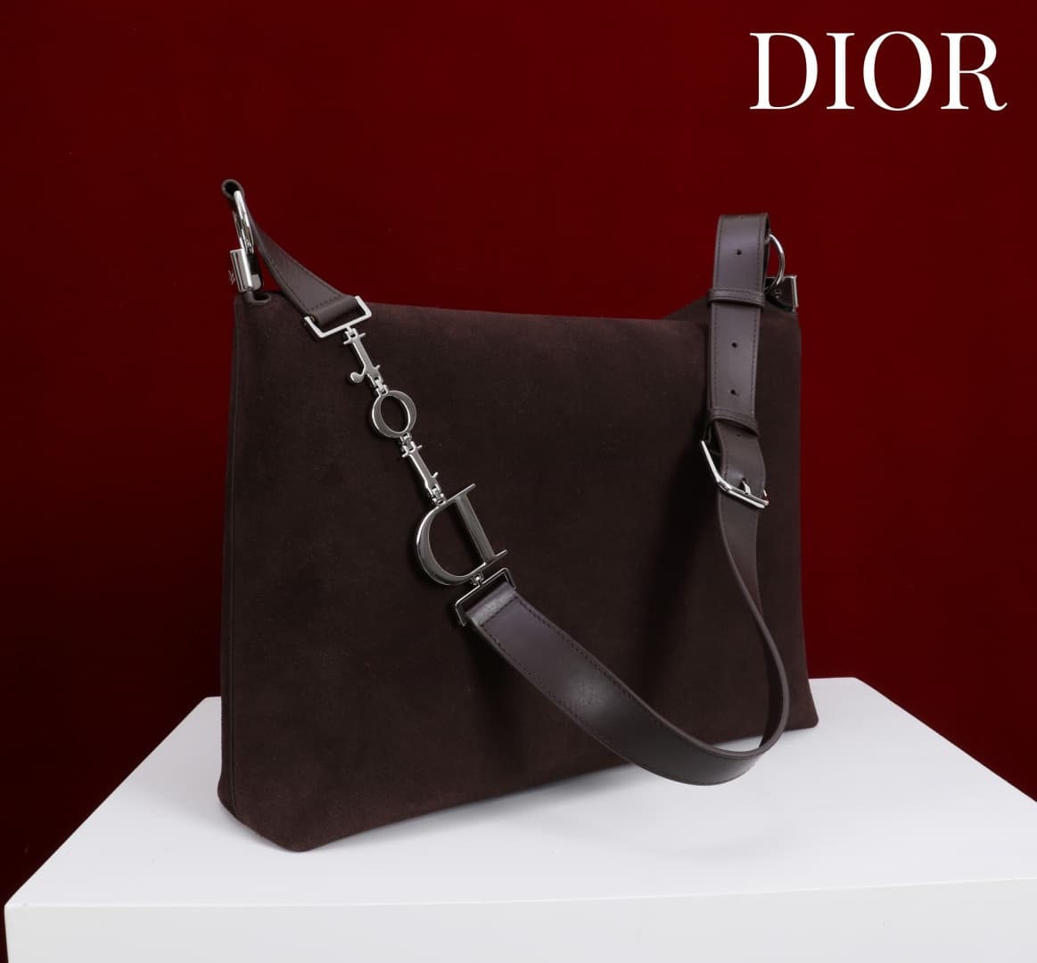 Medium Diorly Bag Chocolate Suede Calfskin Silver lettering High