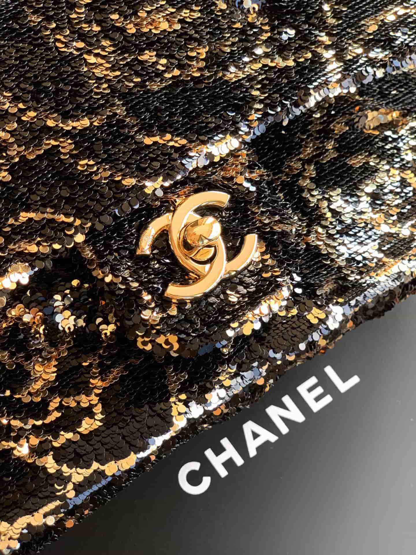 Chanel Classic Mini Flap Bag Sequins With Camellia Motif  & Gold-Tone Metal Black 6171 A