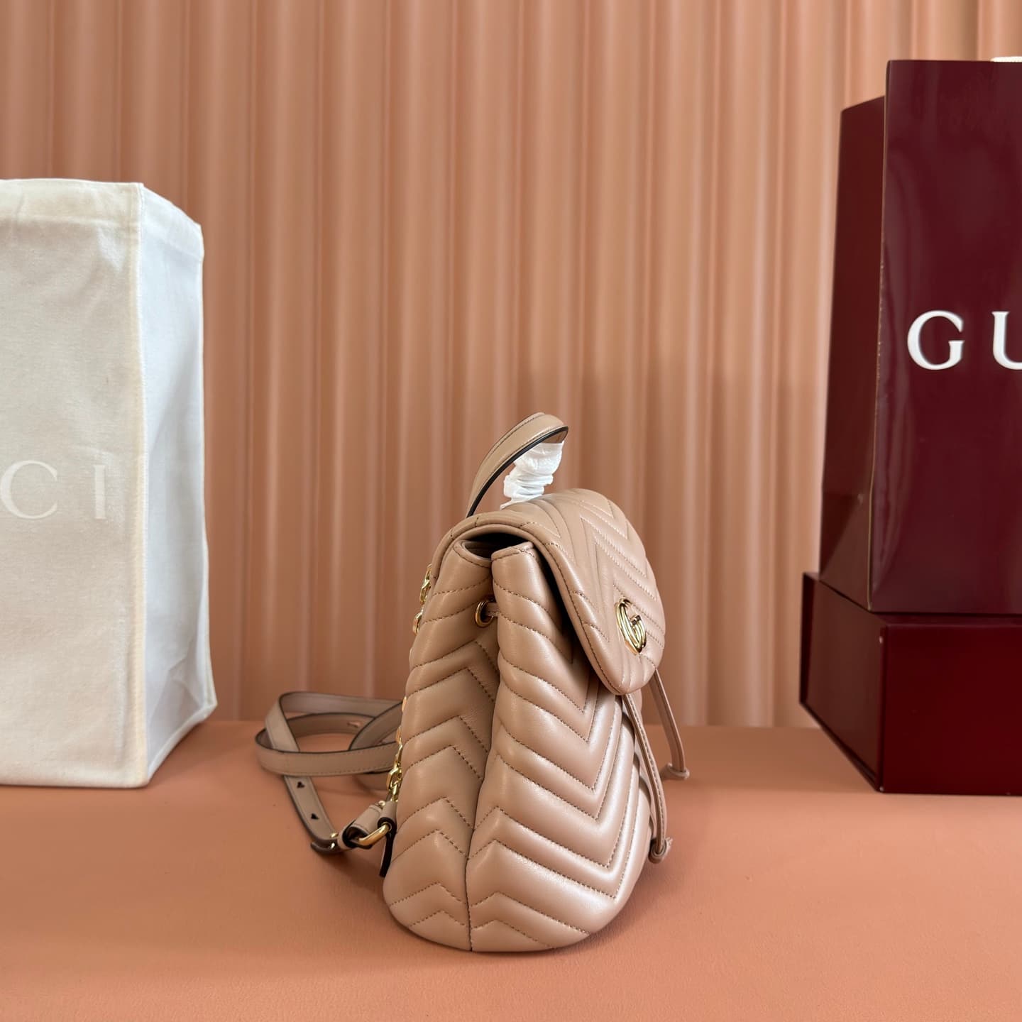 Gucci GG Marmont Mini Backpack Beige Matelassé Chevron Nappa Leather 855921 High