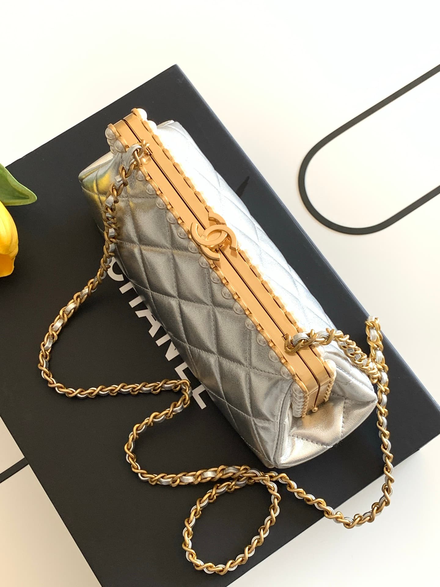 Chanel Pearly Lambskin Imitation Pearls & Gold-Tone Metal Silver AS5912 A