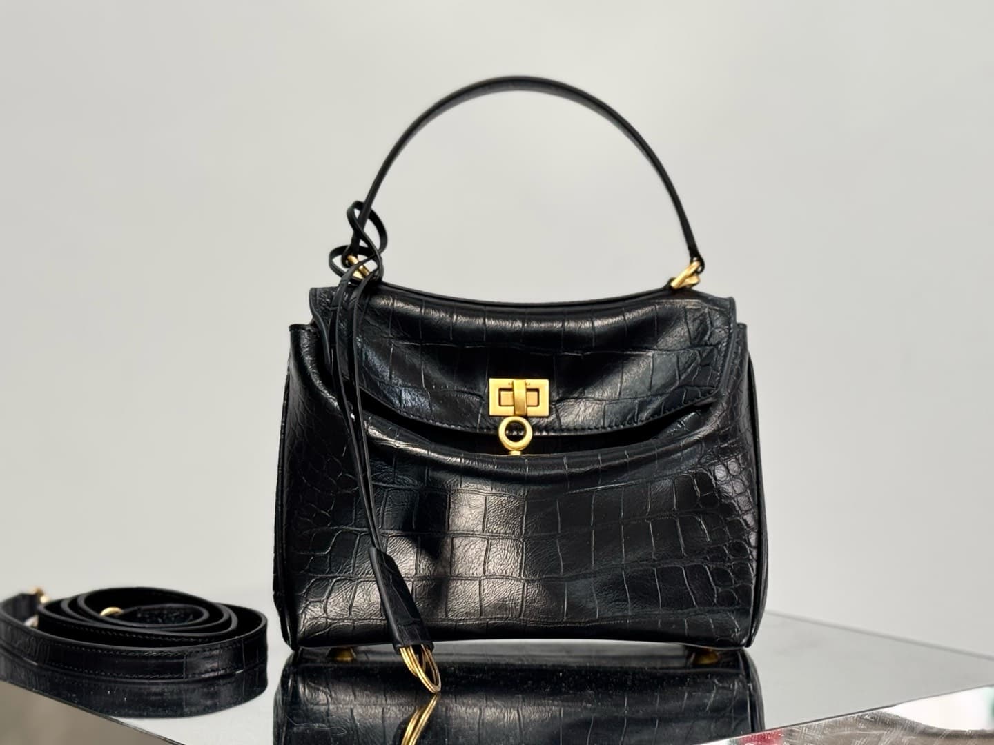 Balenciaga Rodeo Mini Bag in Black Crocodile Embossed Calfskin With Gold-Tone Metal TOP
