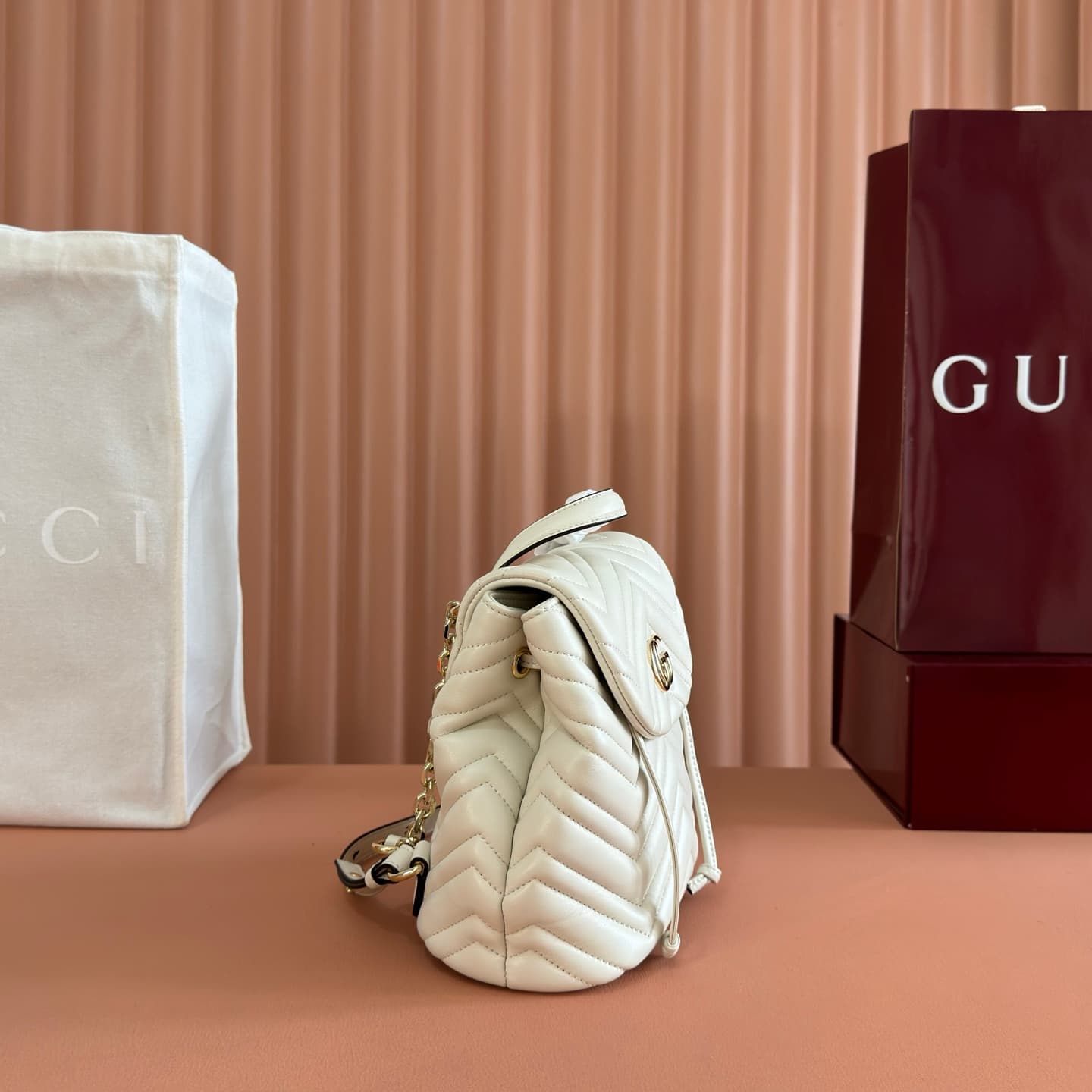 Gucci GG Marmont Mini Backpack White Matelassé Chevron Nappa Leather 855921 High