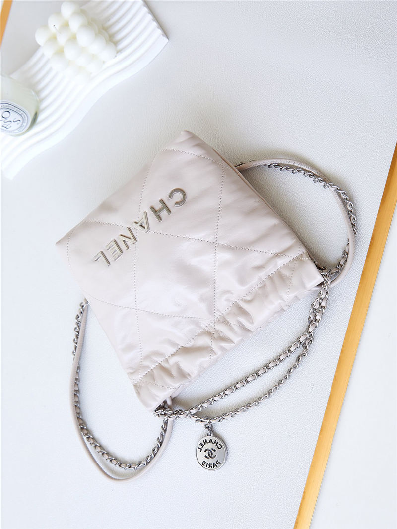 Chanel 22 MINI HANDBAG Shiny Calfskin Nude & Silver-Tone Metal AS3980 A