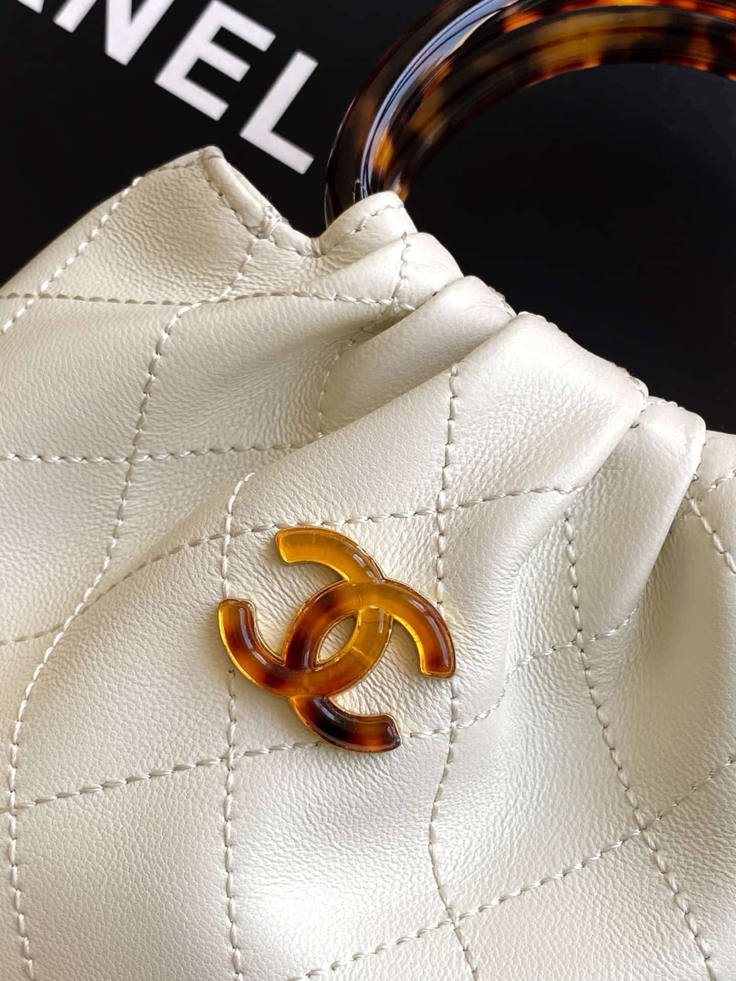 Chanel Mini Hobo Bag Lambskin-Shell Effect Plexi & Gold-Tone Metal White AS4981 High
