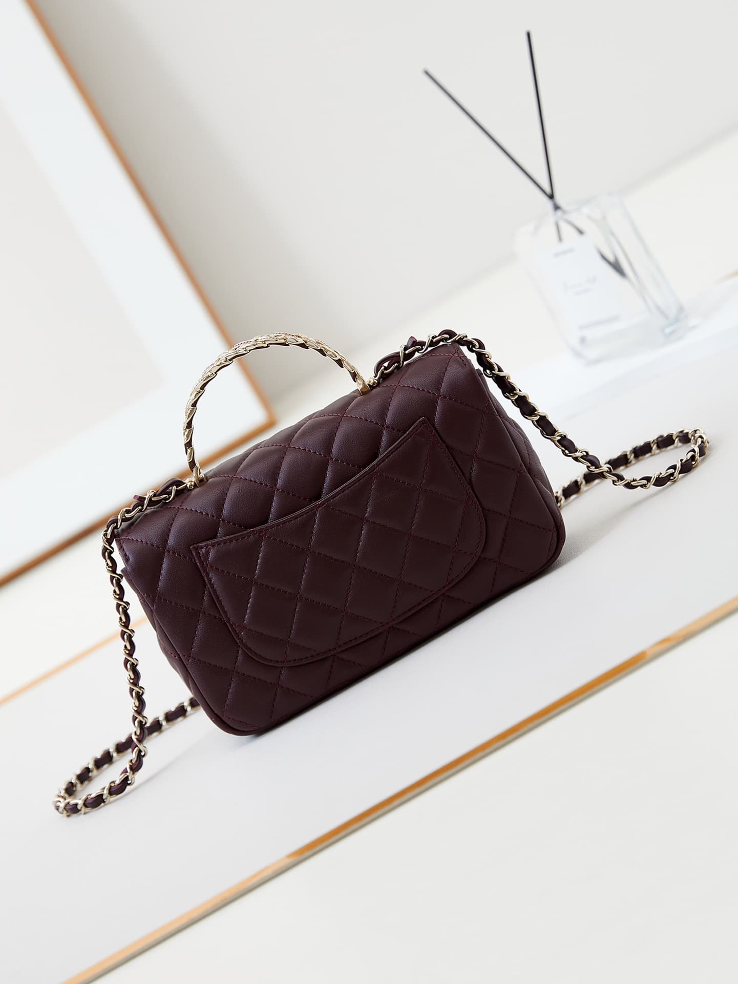 Chanel Mini Flap Bag with Top Handle Lambskin& Gold-Tone Metal Dark Burgundy AS4924 A
