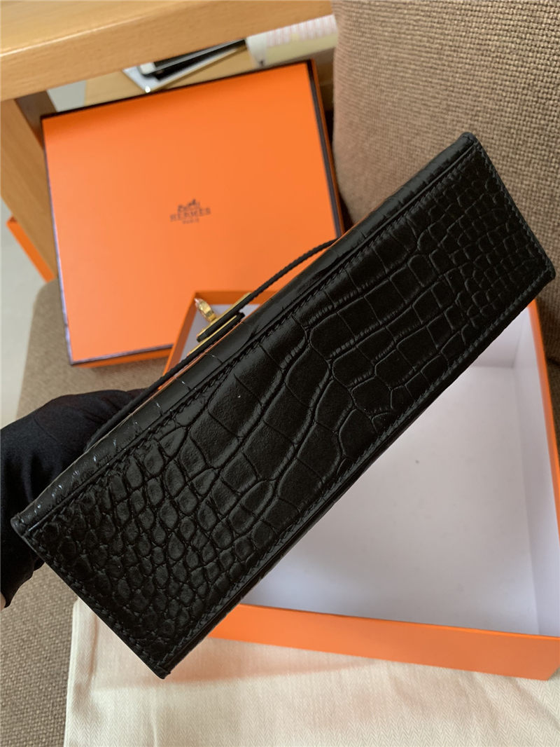 Hermes Kelly Pochette Bag Crocodile Silver/Gold Metal WAX Black High Customizing Style