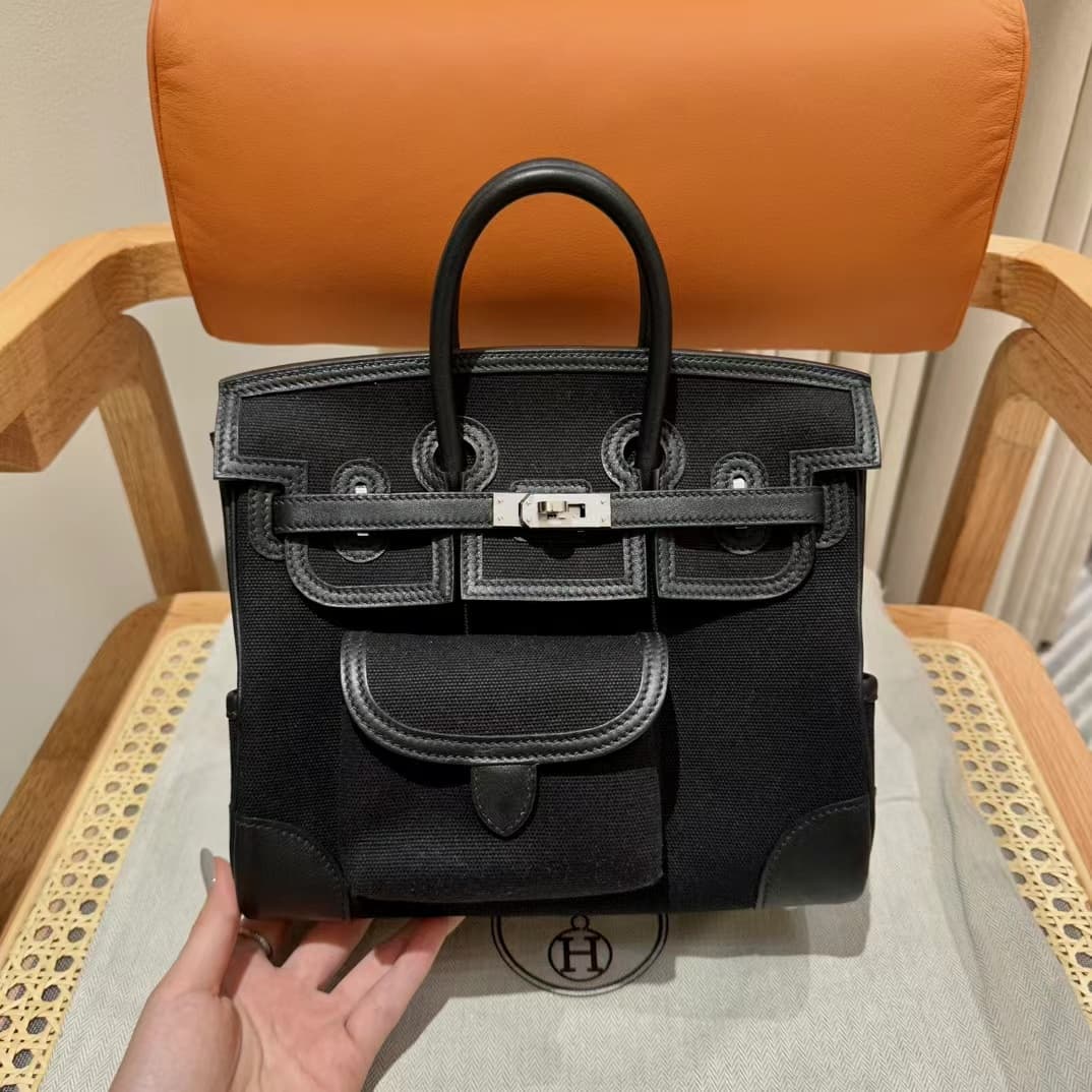 Hermes Birkin Cargo bag 25 Canvas & Swift leather Black Silver Metal WAX High