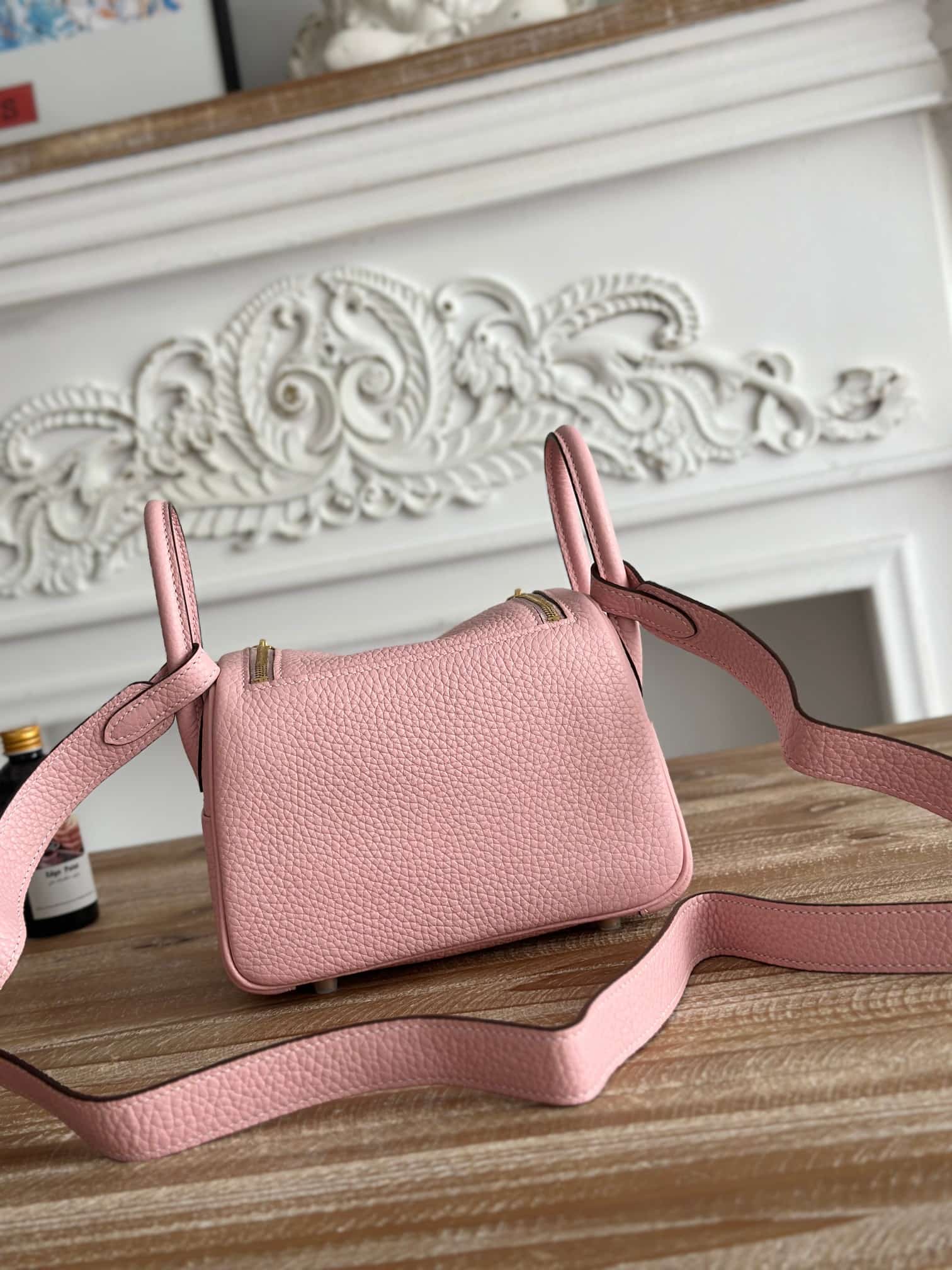 Hermes Lindy Mini Bag Clemence Leather In Rose Sakura WAX High
