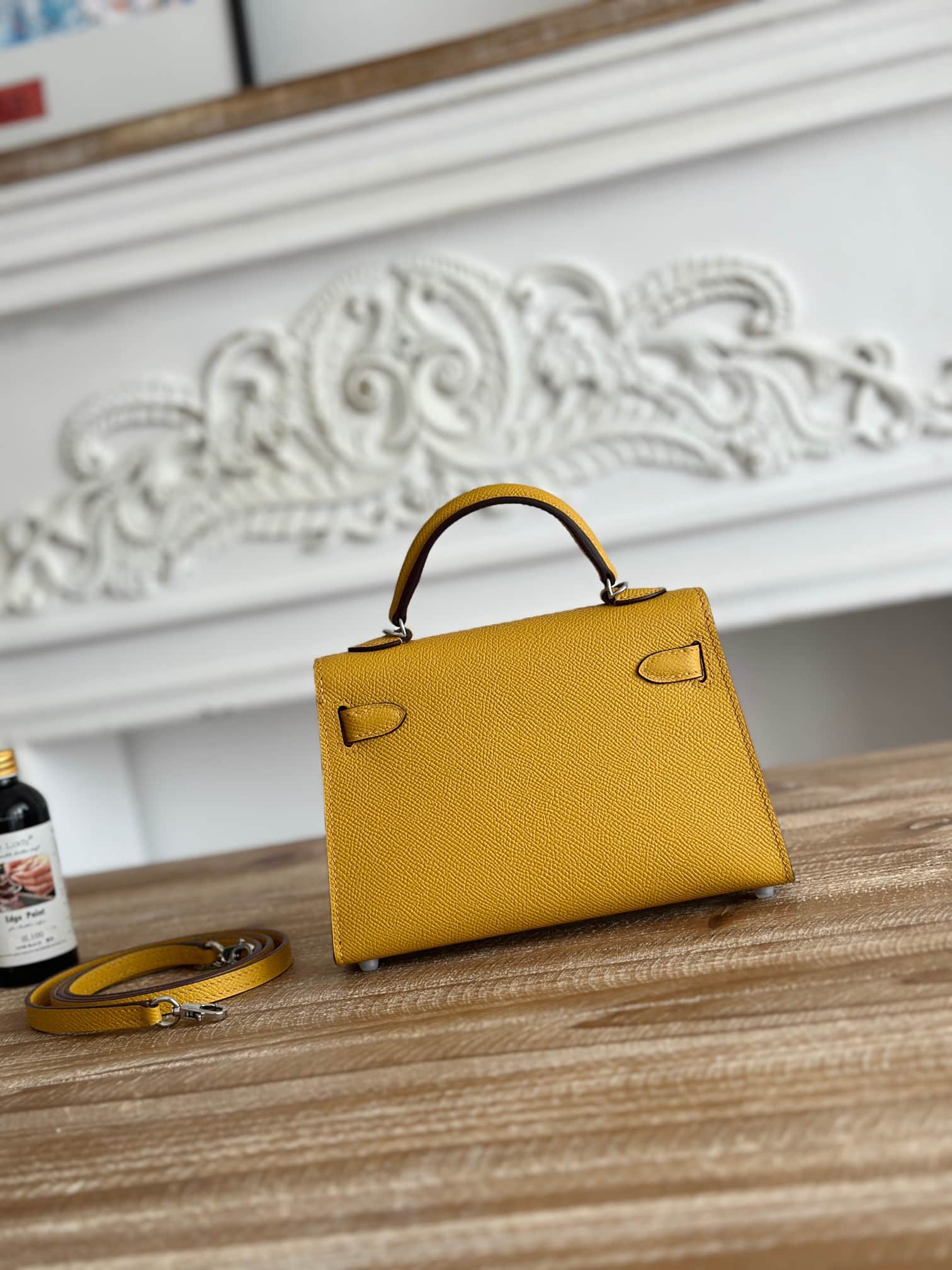 Hermes Kelly Mini II Bag Epsom Leather WAX Silver/Gold Metal Jaune Ambre High
