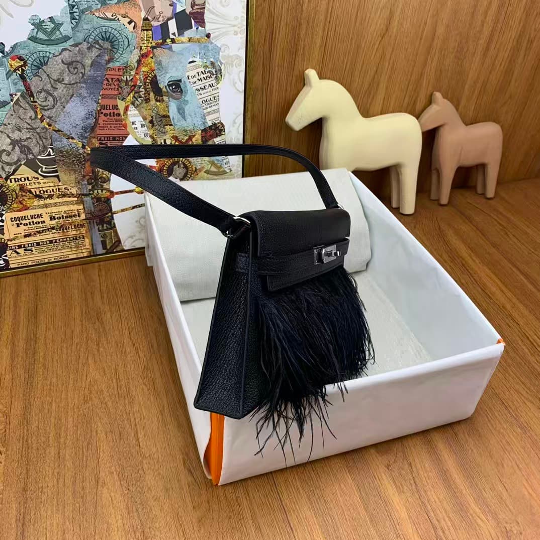 Hermes Kelly Elan  Madame Leather Black Silver-Metal Ostrich Feathers WAX High Customized Style