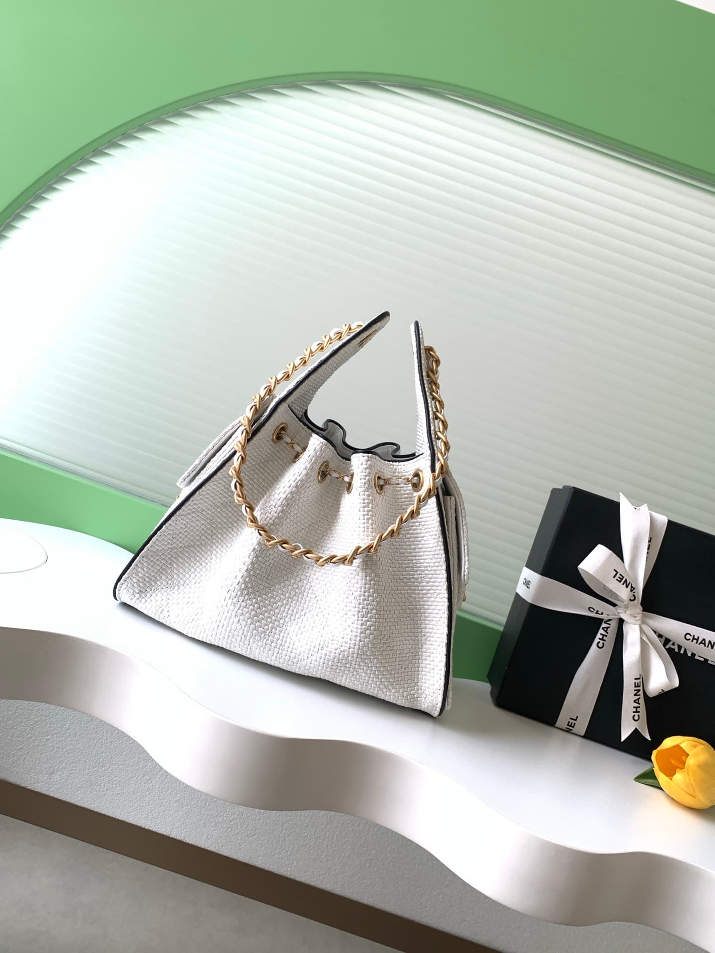 Chanel 25 Small Hobo handbag AS5293 Braided Raffia-Effect Canvas Calfskin & Gold-Tone Metal White & Black A