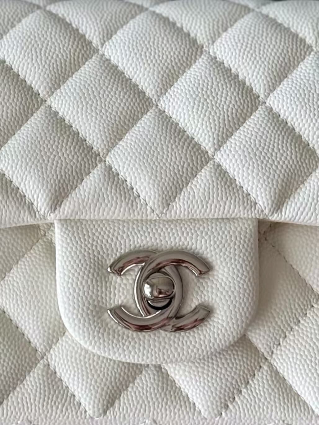 CHANEL Mini Classic Handbag Grained Calfskin & Silver-tone Metal A69900 White TOP