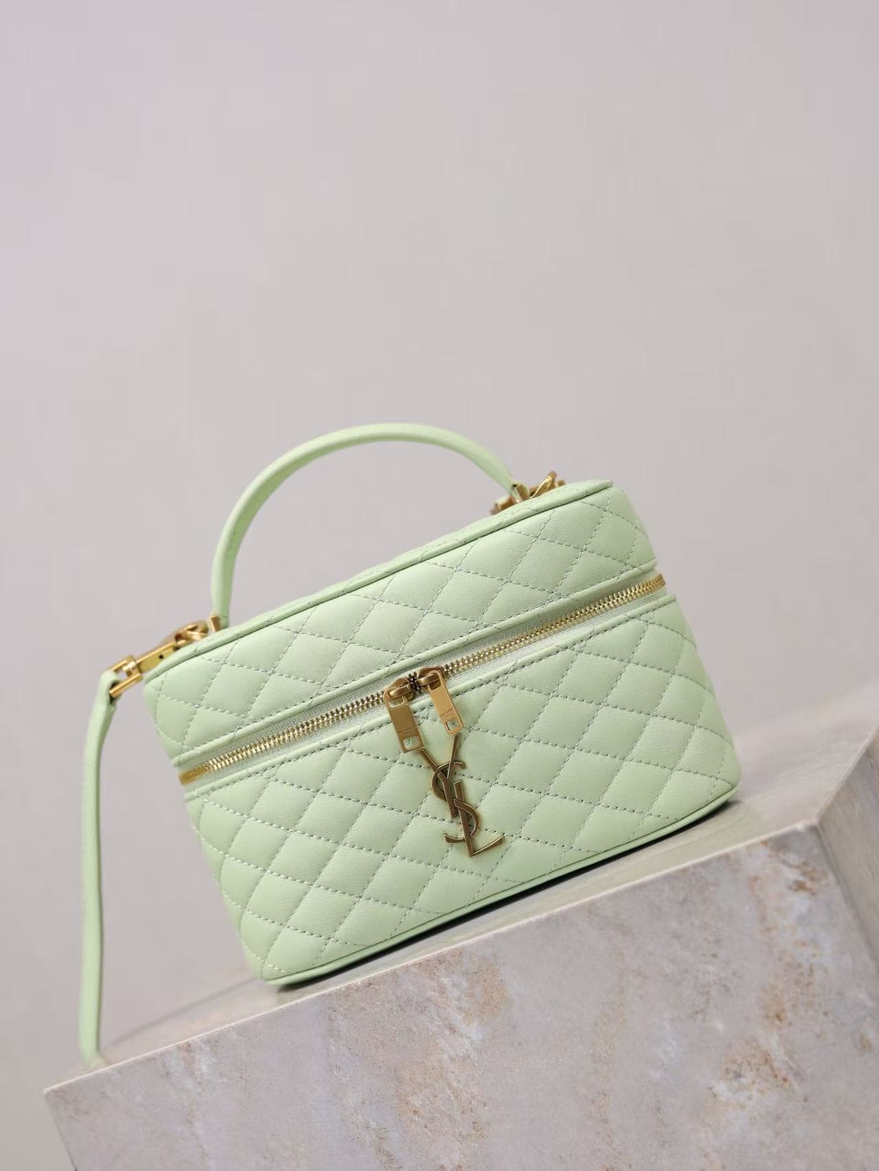 Saint Laurent Gaby mini lambskin vanity bag in light green high