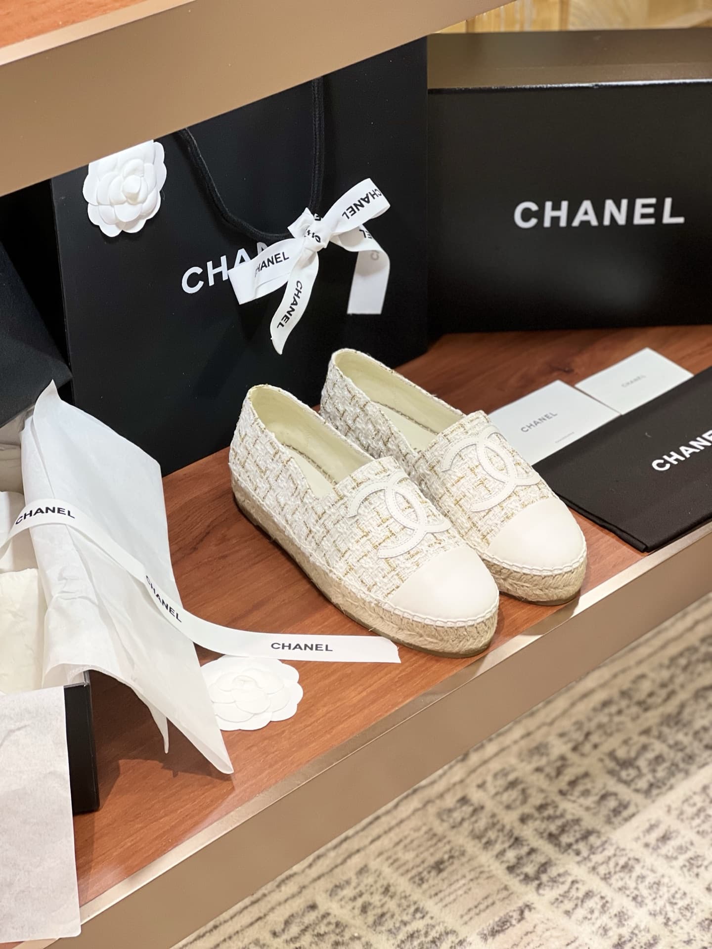 Chanel Tweed CC Cap Toe Espadrille Flats Shoes Women