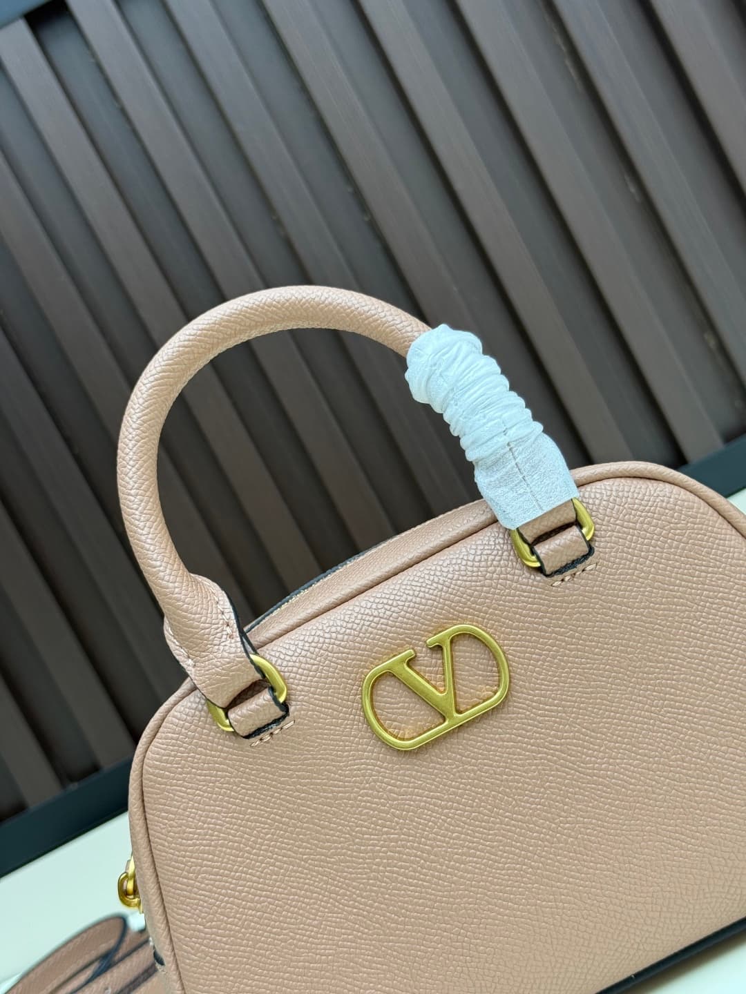 Valentino VLogo Signature Mini Bowling Bag in Grainy Calfskin Nude High