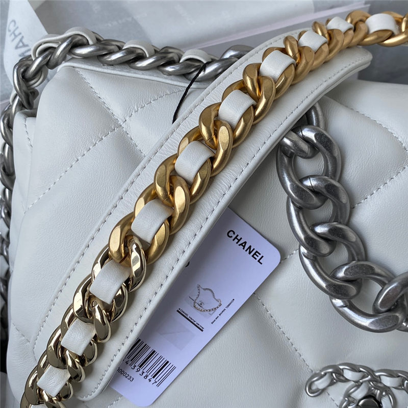 Large Chanel 19 Flap Bag Lambskin White Silver High