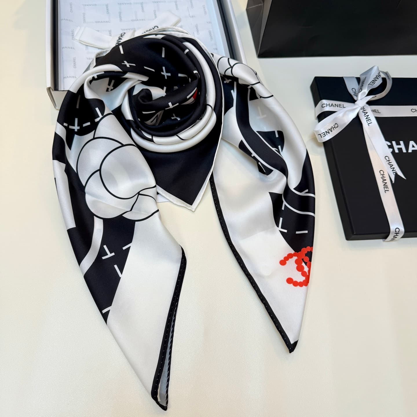 Chanel Silk CC Logo Camellia Scarf