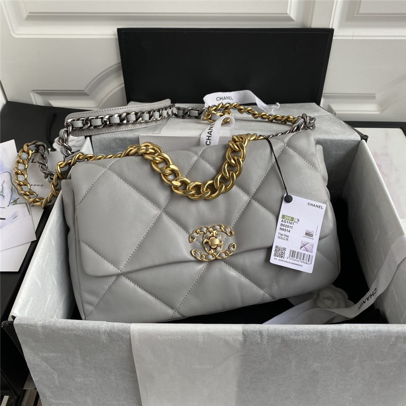 Large Chanel 19 Flap Bag Lambskin Grey High