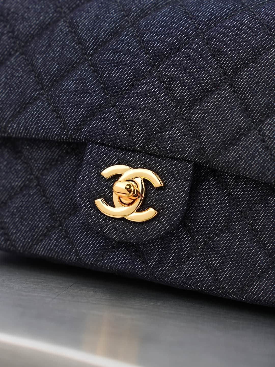 SUPER MINI FLAP BAG Denim & Gold-Tone Metal Dark Black AS1786 A