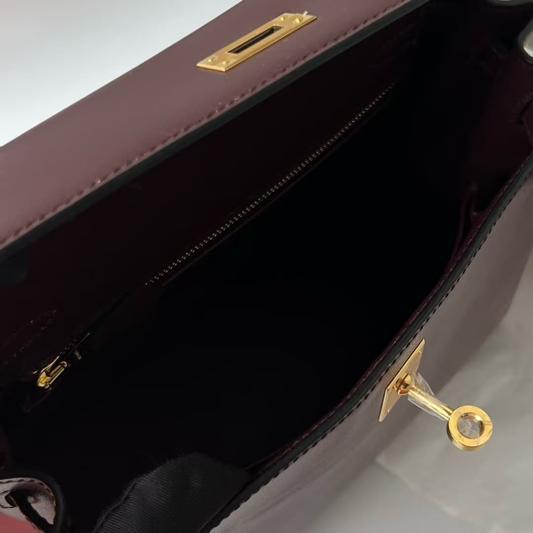 Hermes Kelly 25/28/32cm Retourne Bag Box Leather In Burgundy WAX High Customizing style