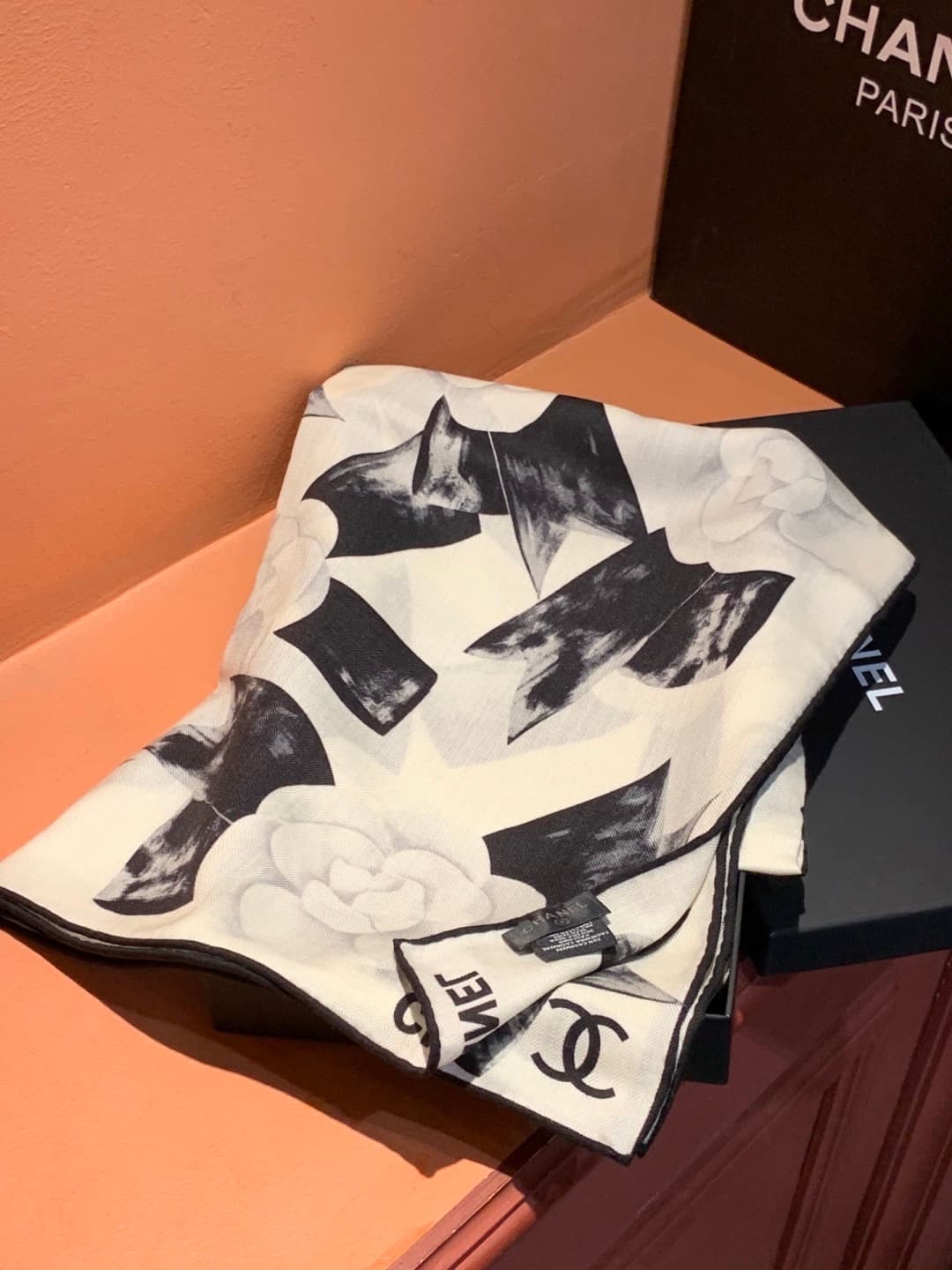 Chanel camellia and ribbon print scarf