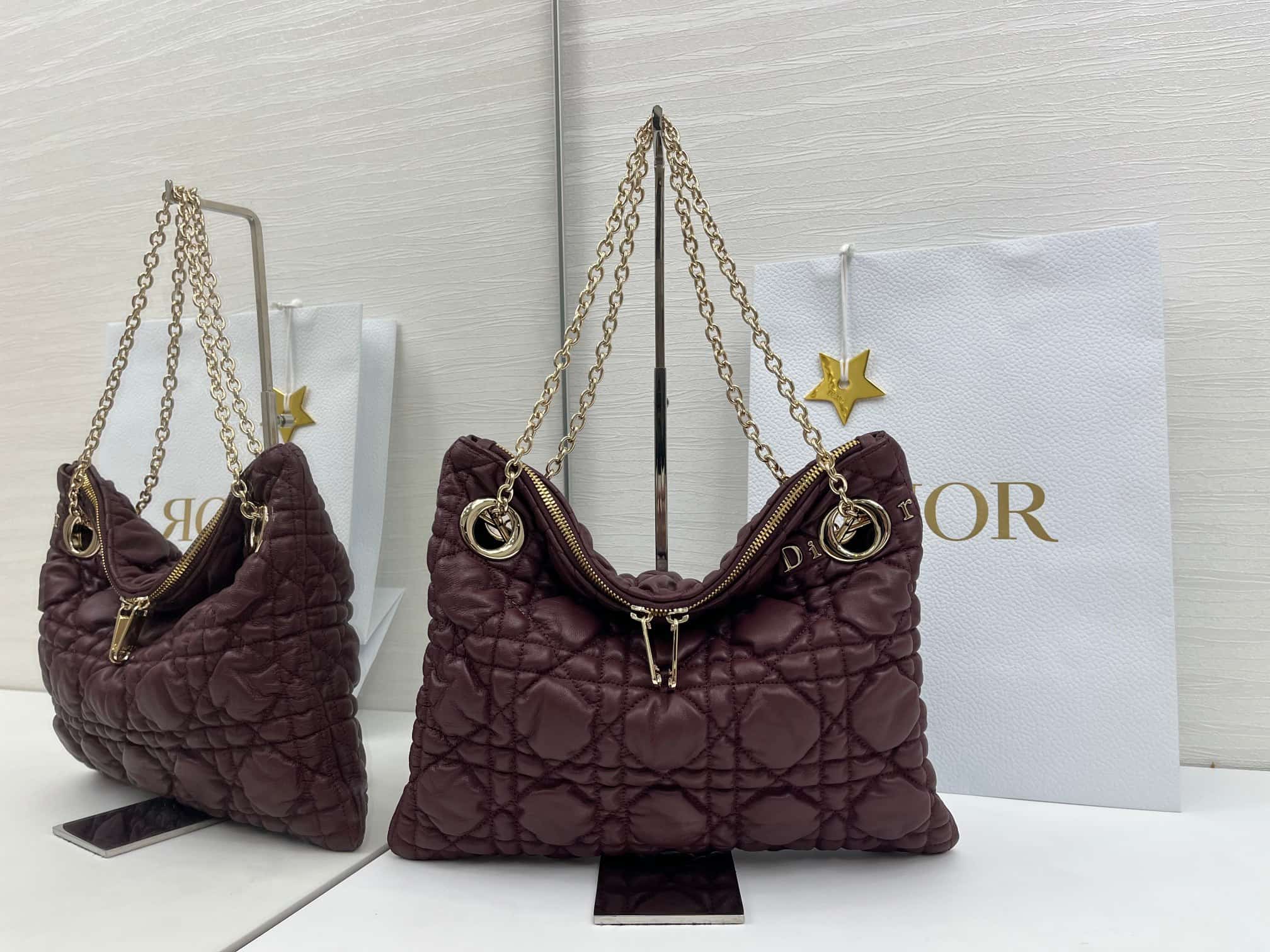 Small Dior Crunchy Bag Maroon Banner Puffy Macrocannage Calfskin High