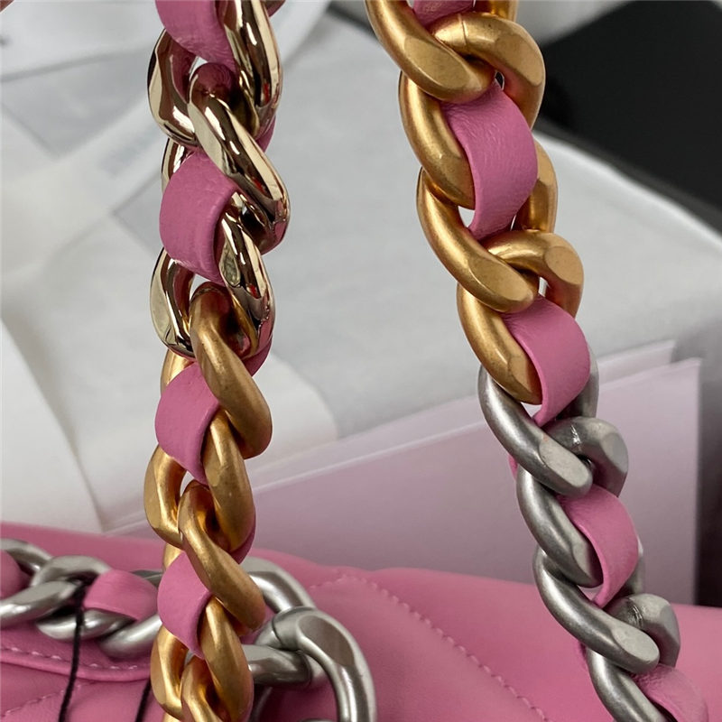 Large Chanel 19 Flap Bag Lambskin Dark Pink Silver High