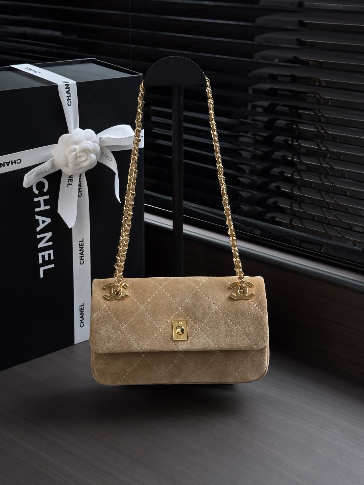 Chanel Flap Bag Suede Calfskin & Gold-Tone Metal Beige AS6449 A
