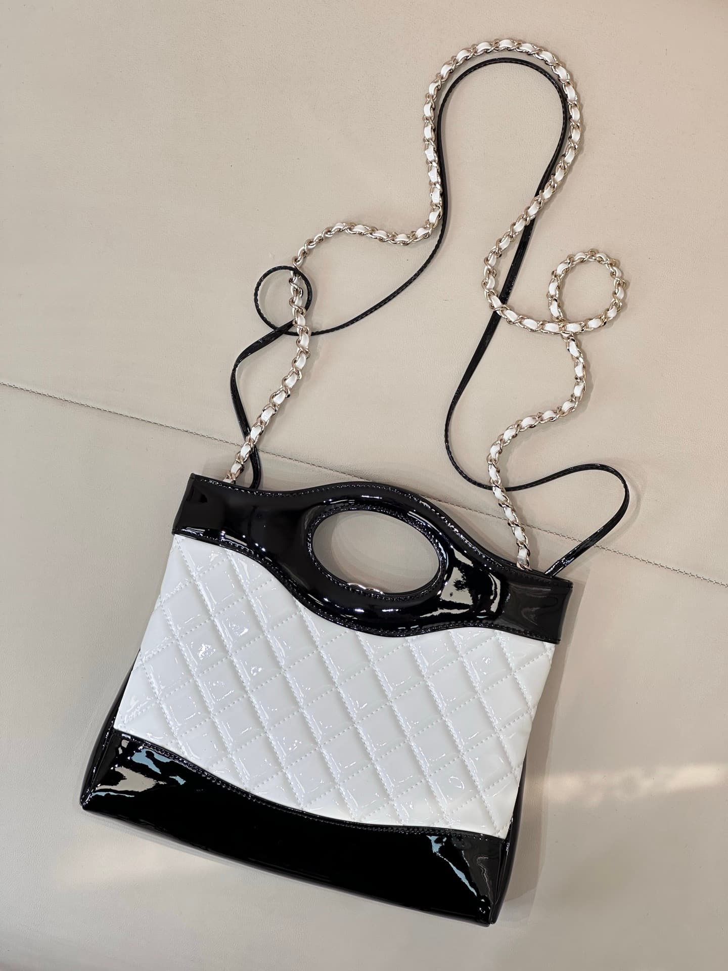 CHANEL 31 Mini Shopping Bag Quilted Patent Leather & Gold-Tone Metal AS4133 Black/White TOP