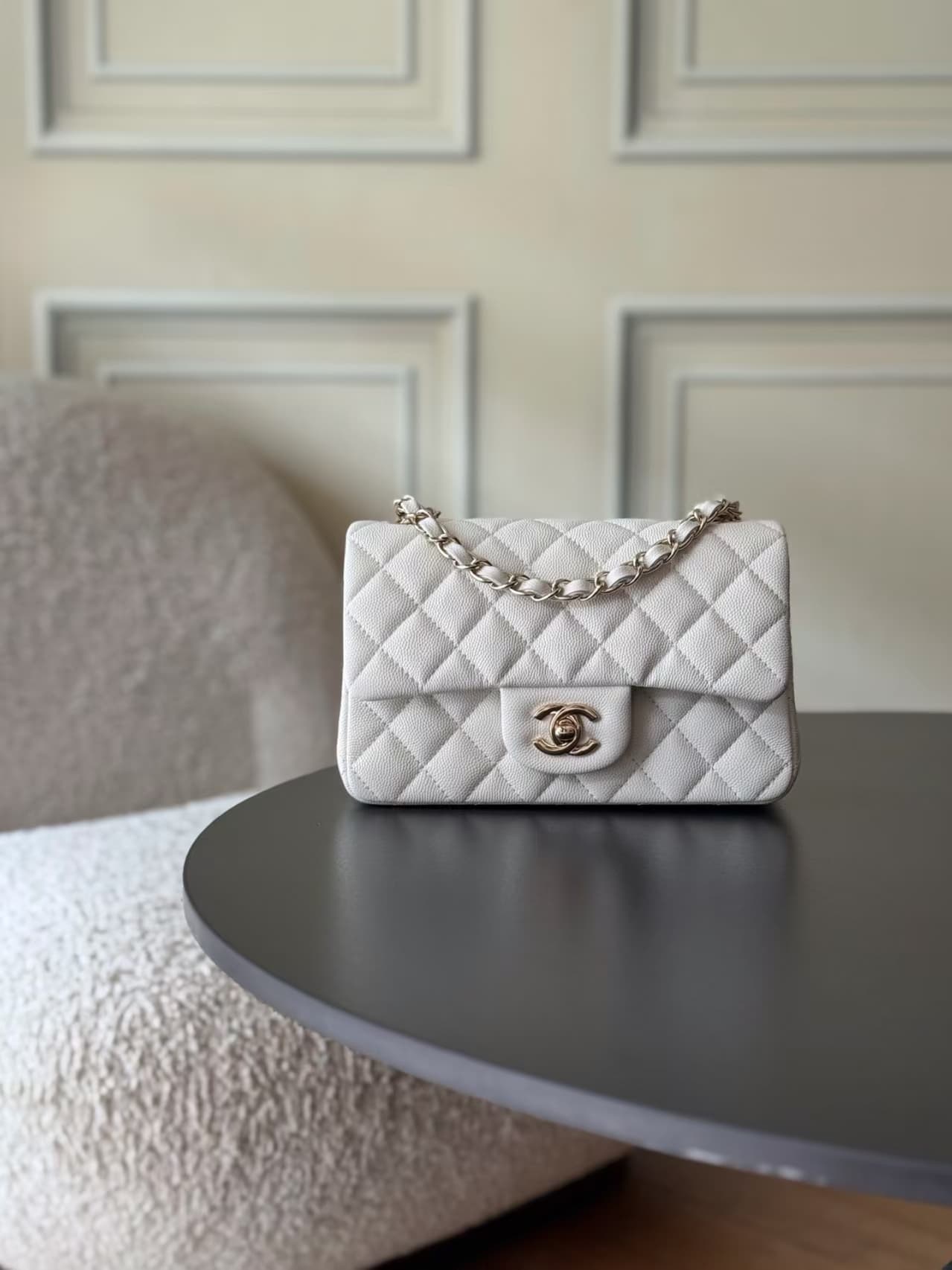 CHANEL Mini Classic Handbag Grained Calfskin & Gold-tone Metal A69900 White TOP