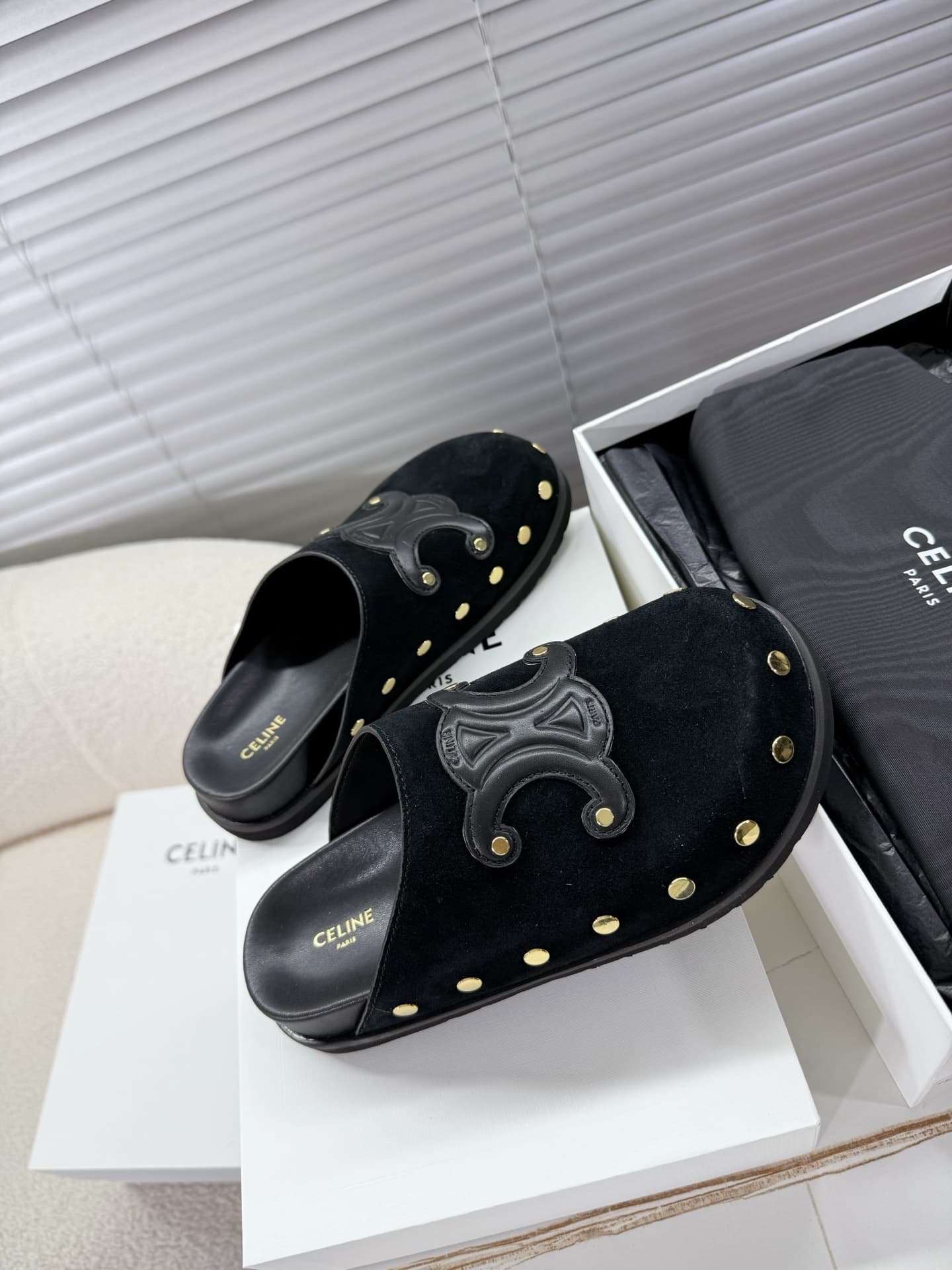 Celine Suede Studded Accents Slides Shoes Women