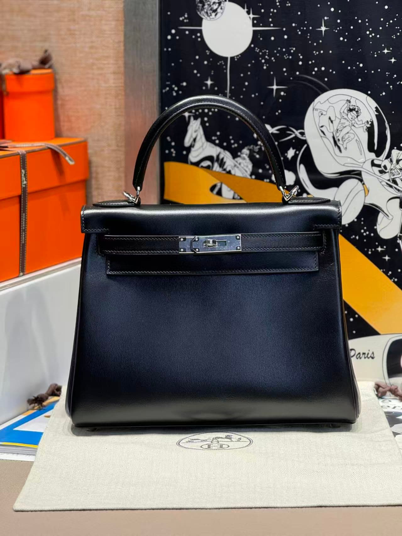 Hermes Kelly 25/28/32cm Retourne Bag Box Leather In Black WAX High Customizing style