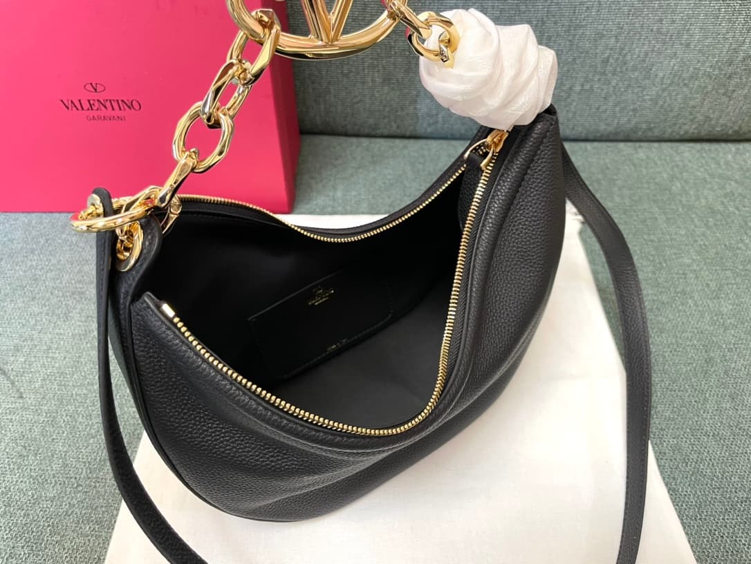 Valentino Garavani VLogo Moon small hobo bag in black grained calfskin High