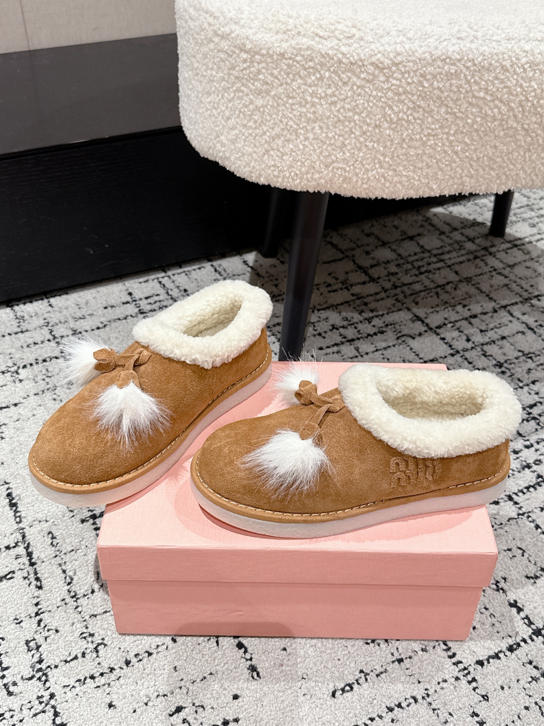 Miu Miu Suede Shearling-Lined Booties with Fur Tassels Women