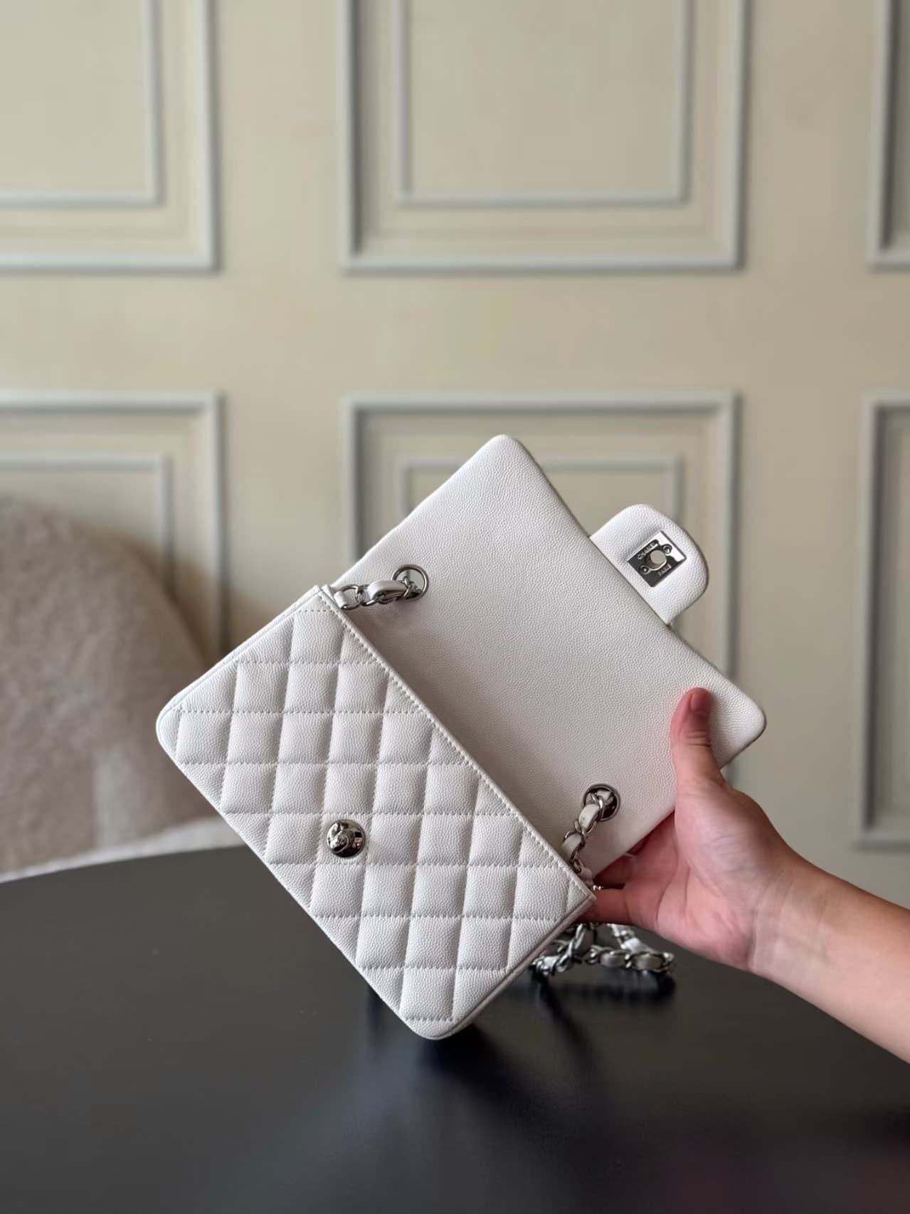 CHANEL Mini Classic Handbag Grained Calfskin & Silver-tone Metal A69900 White TOP