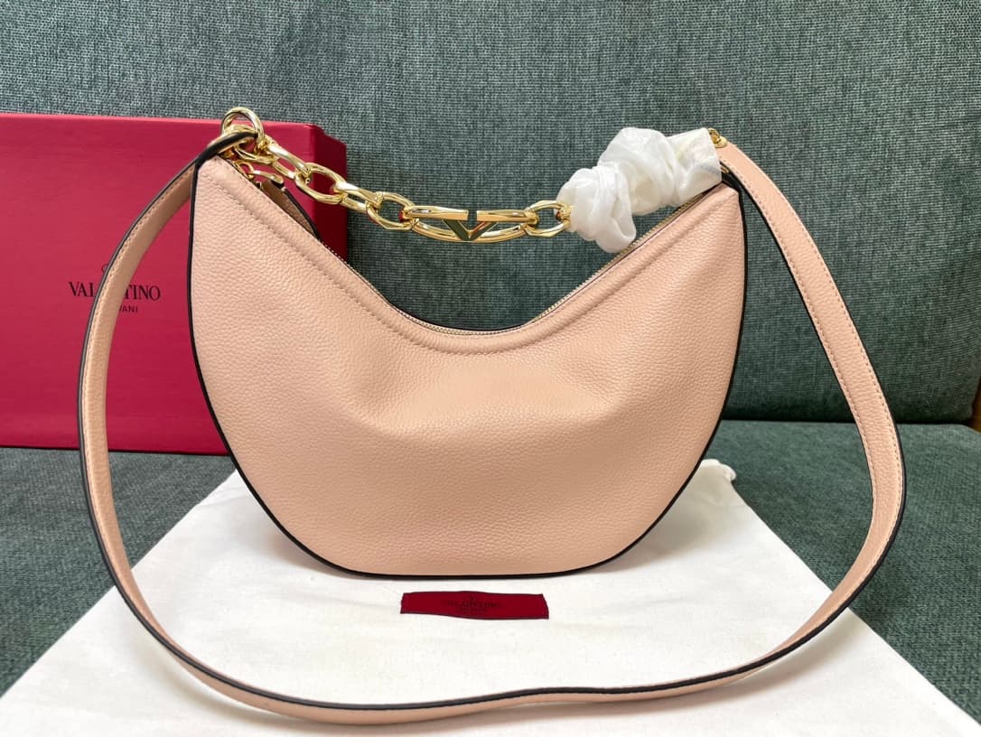 Valentino Garavani VLogo Moon small hobo bag in Light Pink grained calfskin High