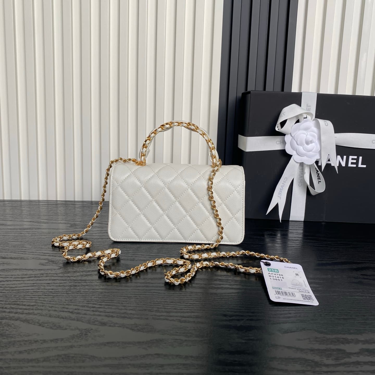 Chanel Mini Flap Bag with Top Handle Grained Shiny Calfskin & Gold-Tone Metal White AP4798 A